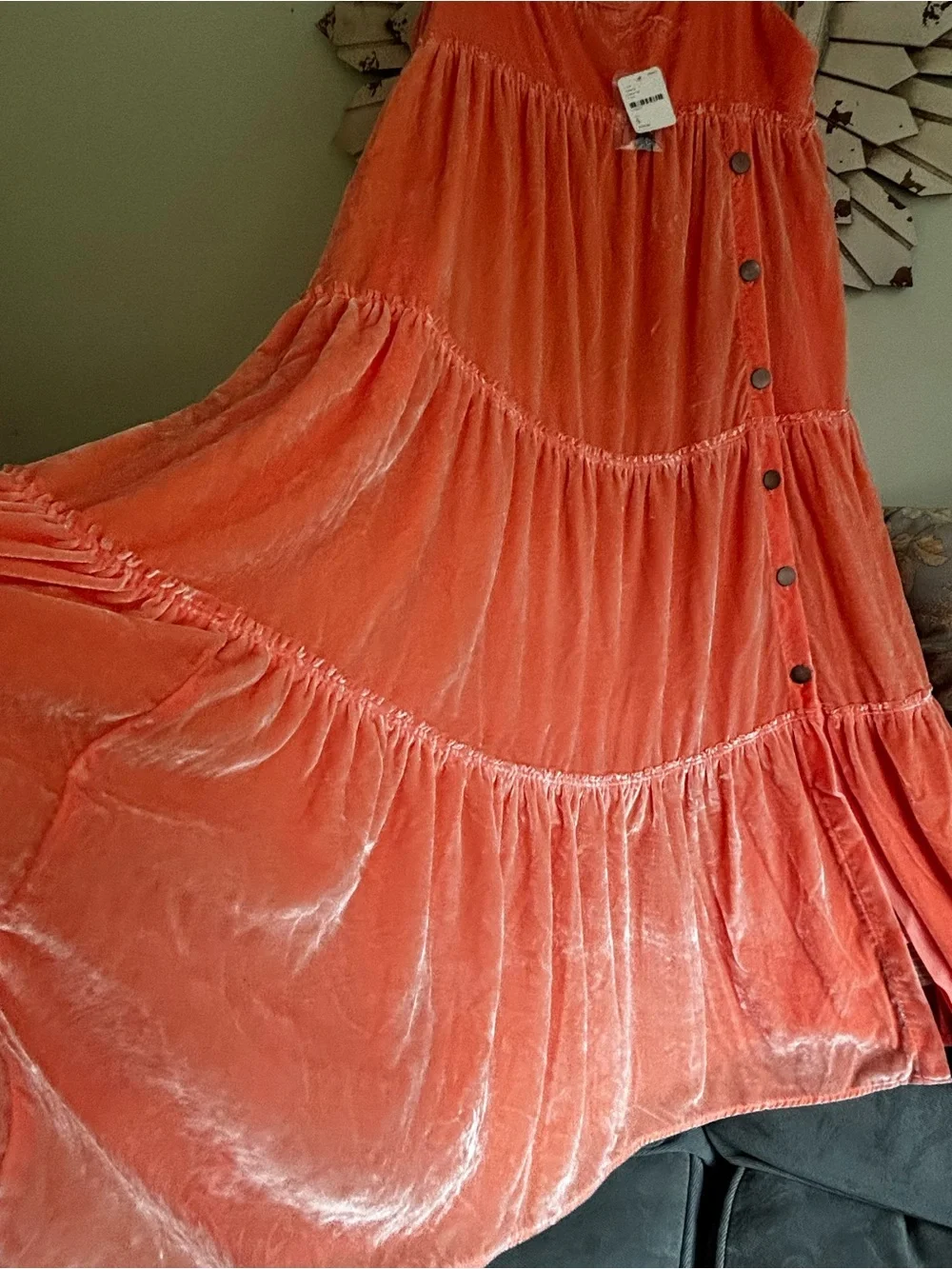 NWT Free People Velvet Tiered Maxi Dress Coral Peach Sleeveless Boho Sz Small